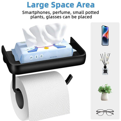 Wall Mounted Aluminum Toilet Paper Holder Non-perforated Tissue Cell Phone Shelf - Golden
