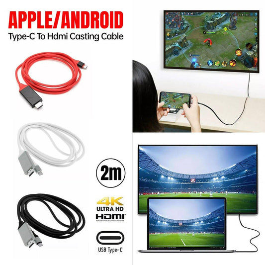 2M USB C Type-C to HDMI Digital TV Adapter Cable For Android Mobile Phone Tablet - White