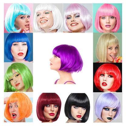 Short Bob Wig with Bangs for Women Synthetic Cosplay Party Hair in 14 Colours - White