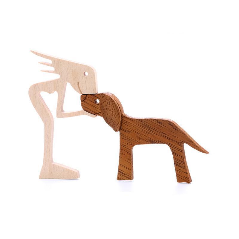Handmade Wooden Statue Sitting Family and Dog Craft Home Decor - B01
