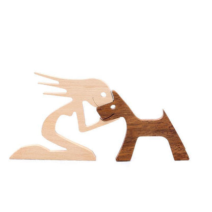 Handmade Wooden Statue Sitting Family and Dog Craft Home Decor - B01