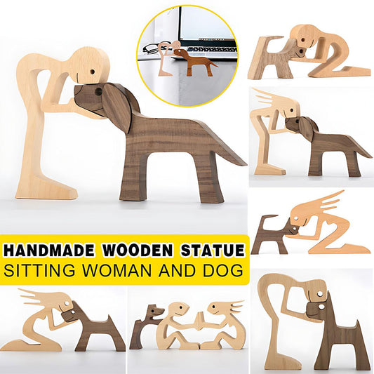 Handmade Wooden Statue Sitting Family and Dog Craft Home Decor - B05