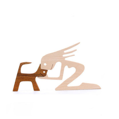 Handmade Wooden Statue Sitting Family and Dog Craft Home Decor - B05