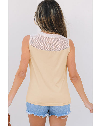 Oatmeal Solid Mesh Patchwork Crew Neck Tank Top - M
