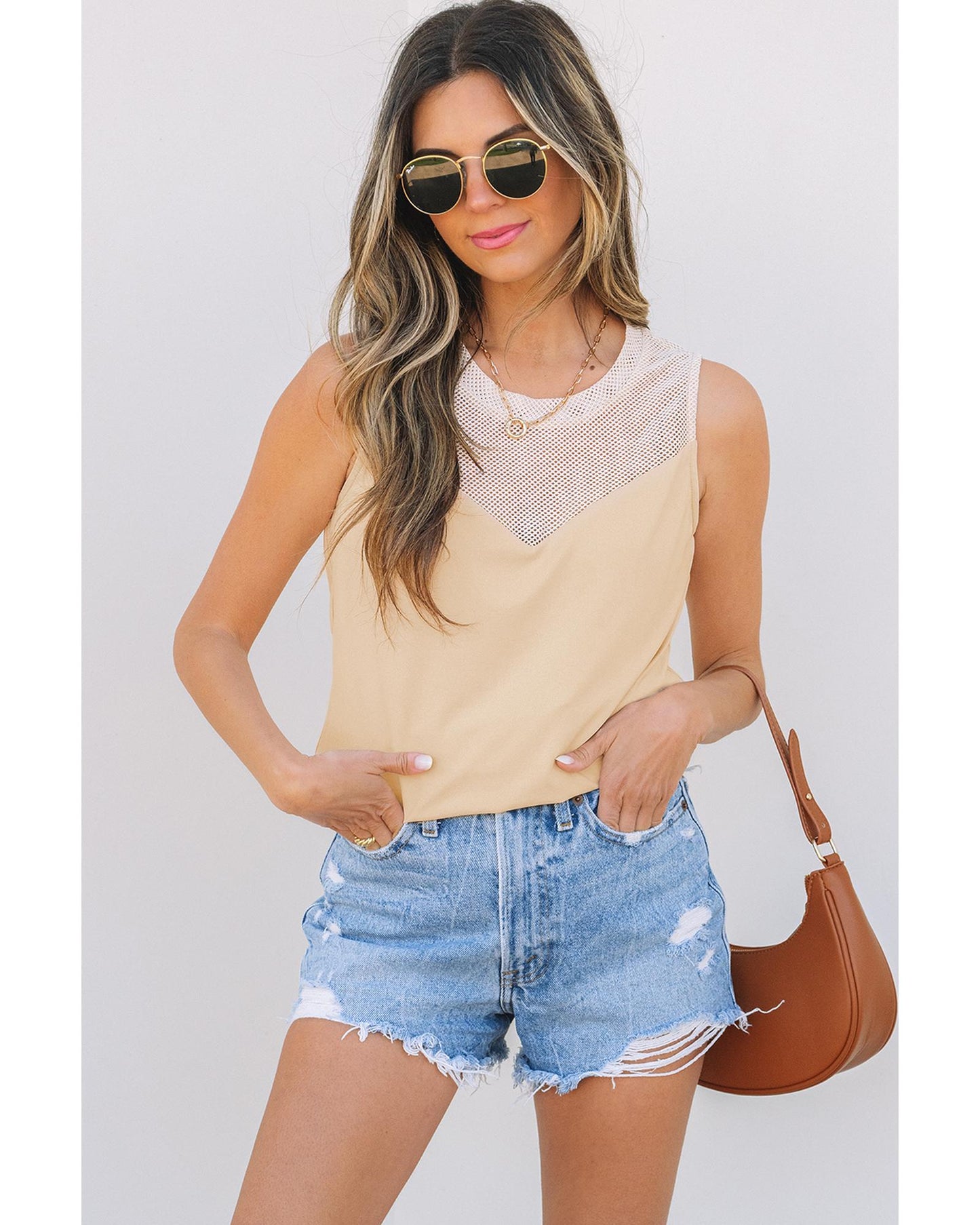 Oatmeal Solid Mesh Patchwork Crew Neck Tank Top - M
