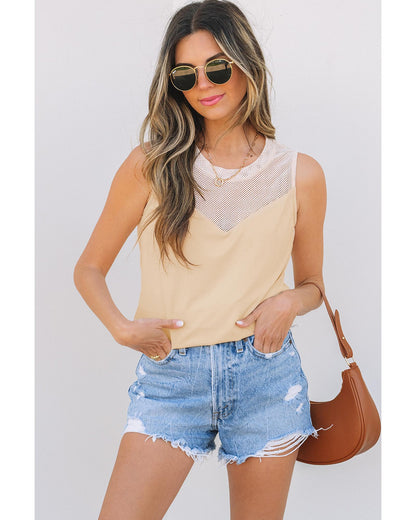Oatmeal Solid Mesh Patchwork Crew Neck Tank Top - M