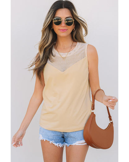 Oatmeal Solid Mesh Patchwork Crew Neck Tank Top - M
