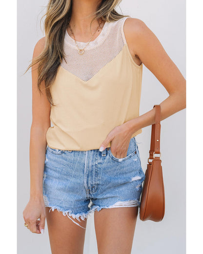 Oatmeal Solid Mesh Patchwork Crew Neck Tank Top - M