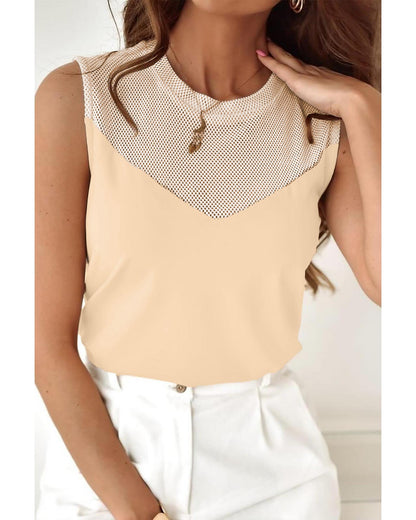 Oatmeal Solid Mesh Patchwork Crew Neck Tank Top - M