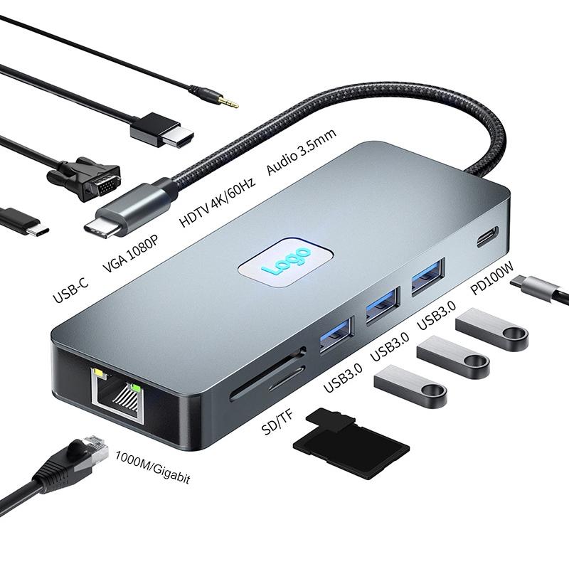 11-In-1 Type-C Docking Station With Usb Pd Sd / Tf Rj45 Vga Hdtv 3.5Mm