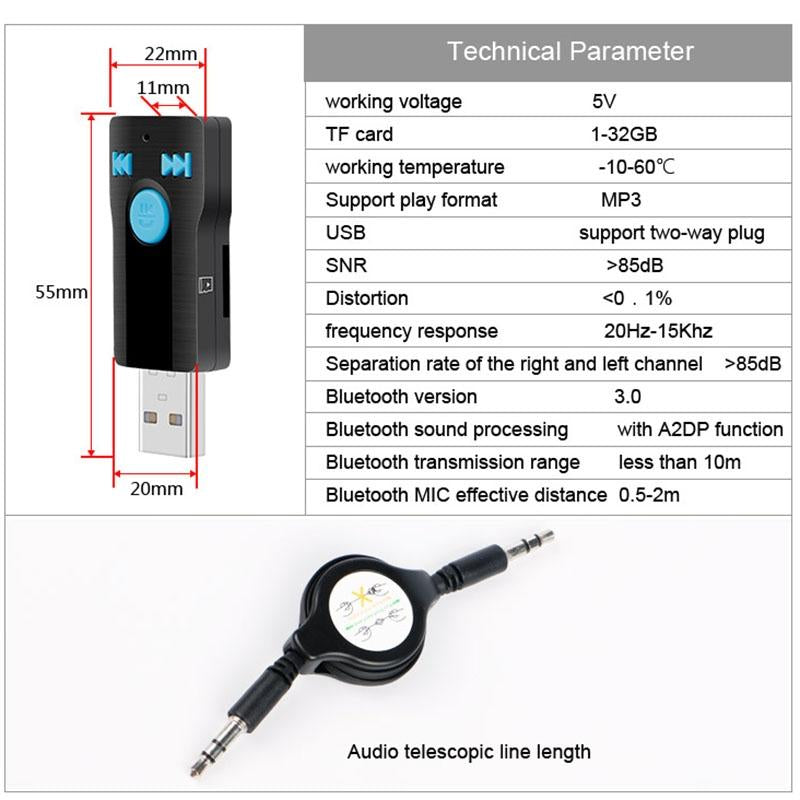Mini Usb Bluetooth Receiver Mp3 Player With Mic & Audio Cable - Handsfree Aux Output 32Gb Sd / Tf Card Dual Usb Port