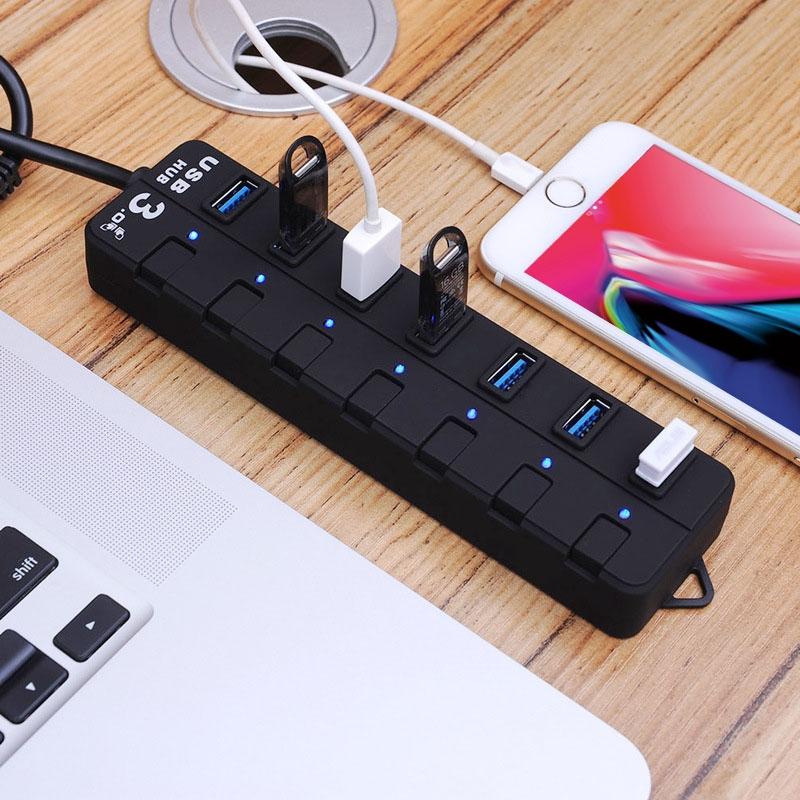7-Port Usb 3.0 Hub With Individual Switches Black