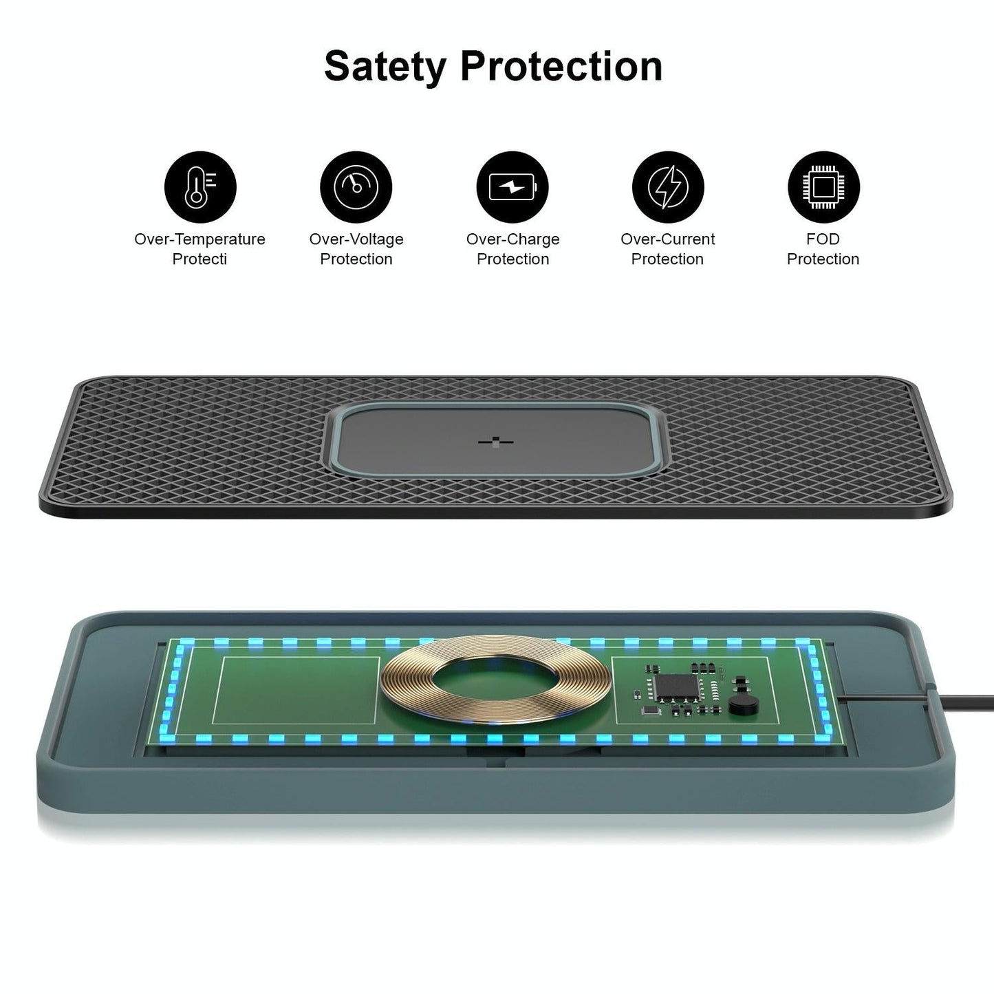 15w 2-in-1 Car Wireless Charger with Non-slip Mat and Colourful Light - 0.3m Usb Cable - Usb-C/Type-C Cable 1M