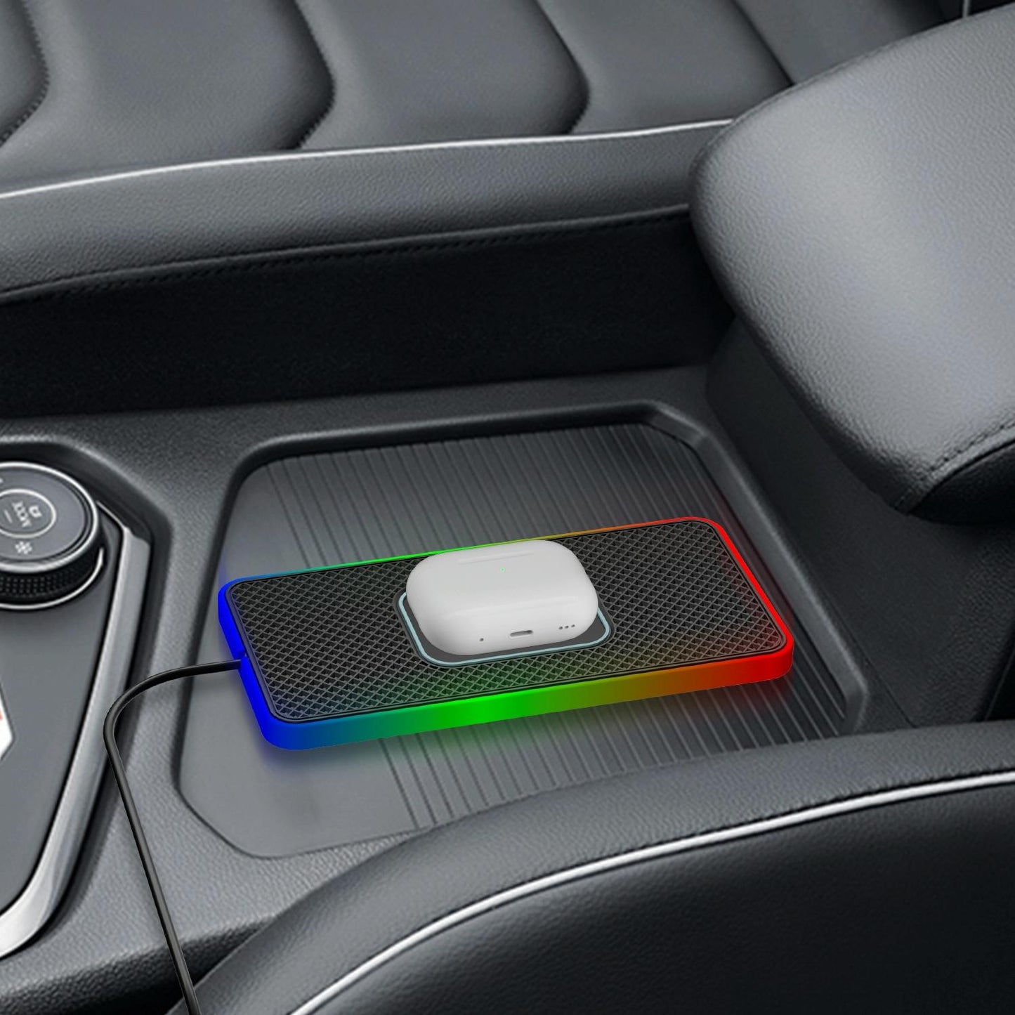 15w 2-in-1 Car Wireless Charger with Non-slip Mat and Colourful Light - 0.3m Usb Cable - Usb-C/Type-C Cable 1M