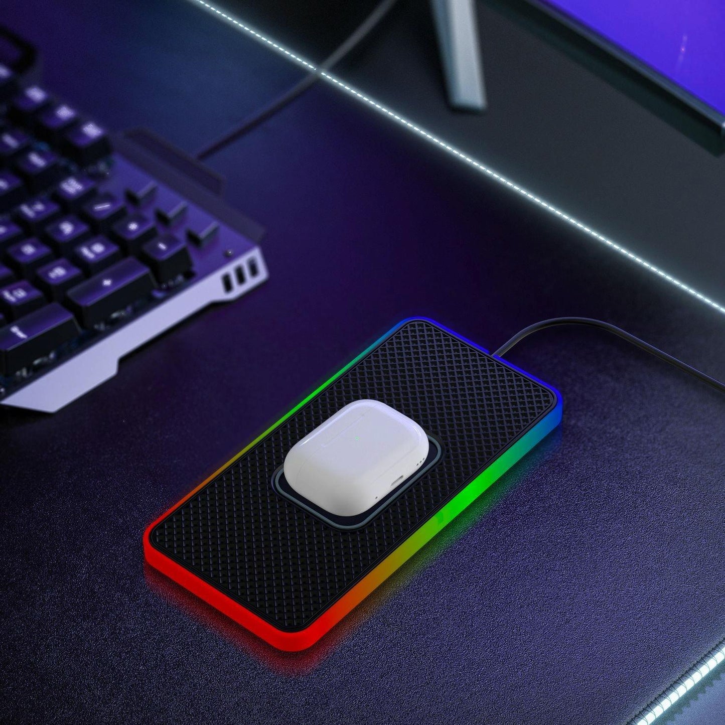 15w 2-in-1 Car Wireless Charger with Non-slip Mat and Colourful Light - 0.3m Usb Cable - Usb-C/Type-C Cable 1M