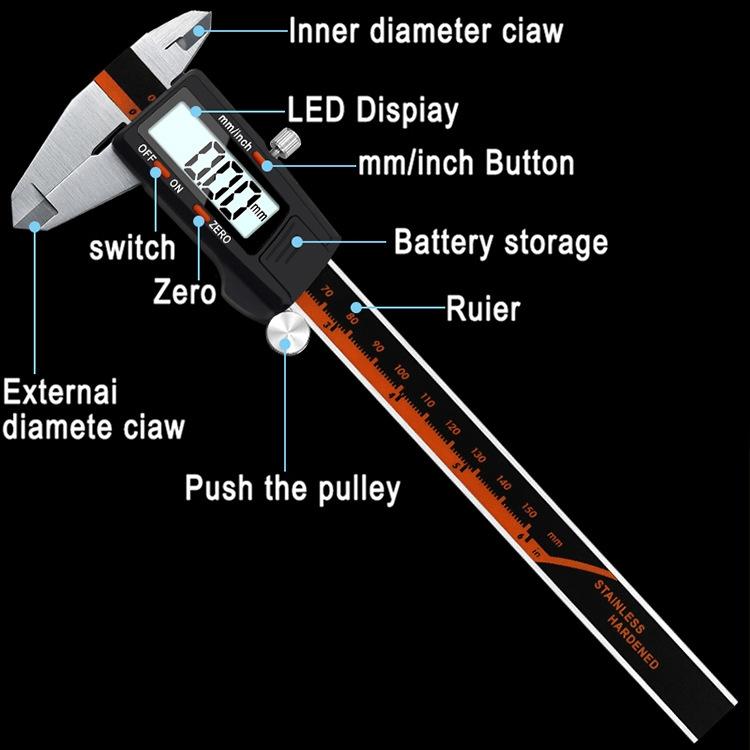 Digital Display Vernier Caliper - 0-150mm Stainless Steel Body