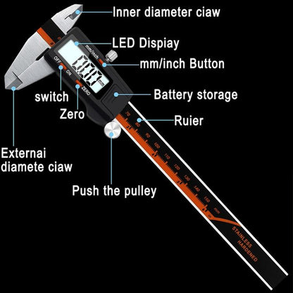 Digital Display Vernier Caliper - 0-150mm Stainless Steel Body