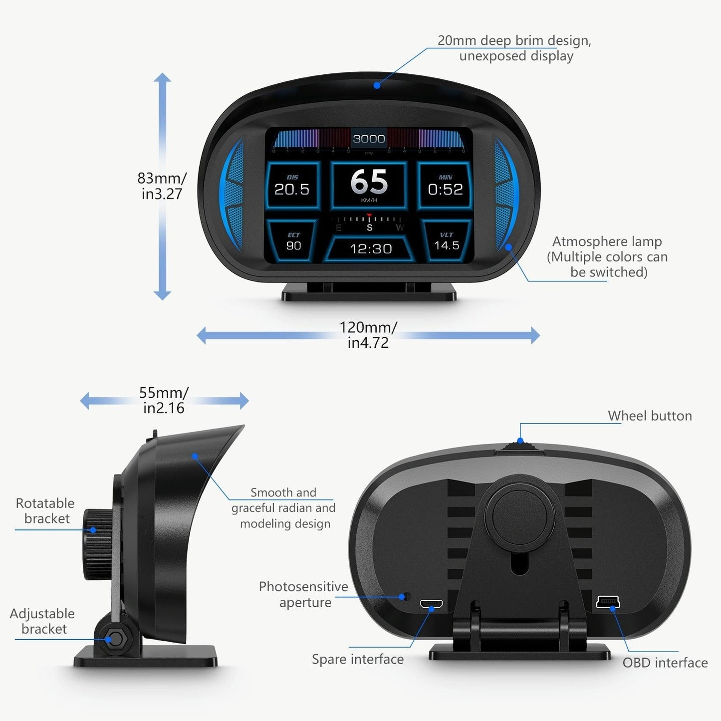 3 Inch Obd Lcd Car Speed Slope Meter Hud Display