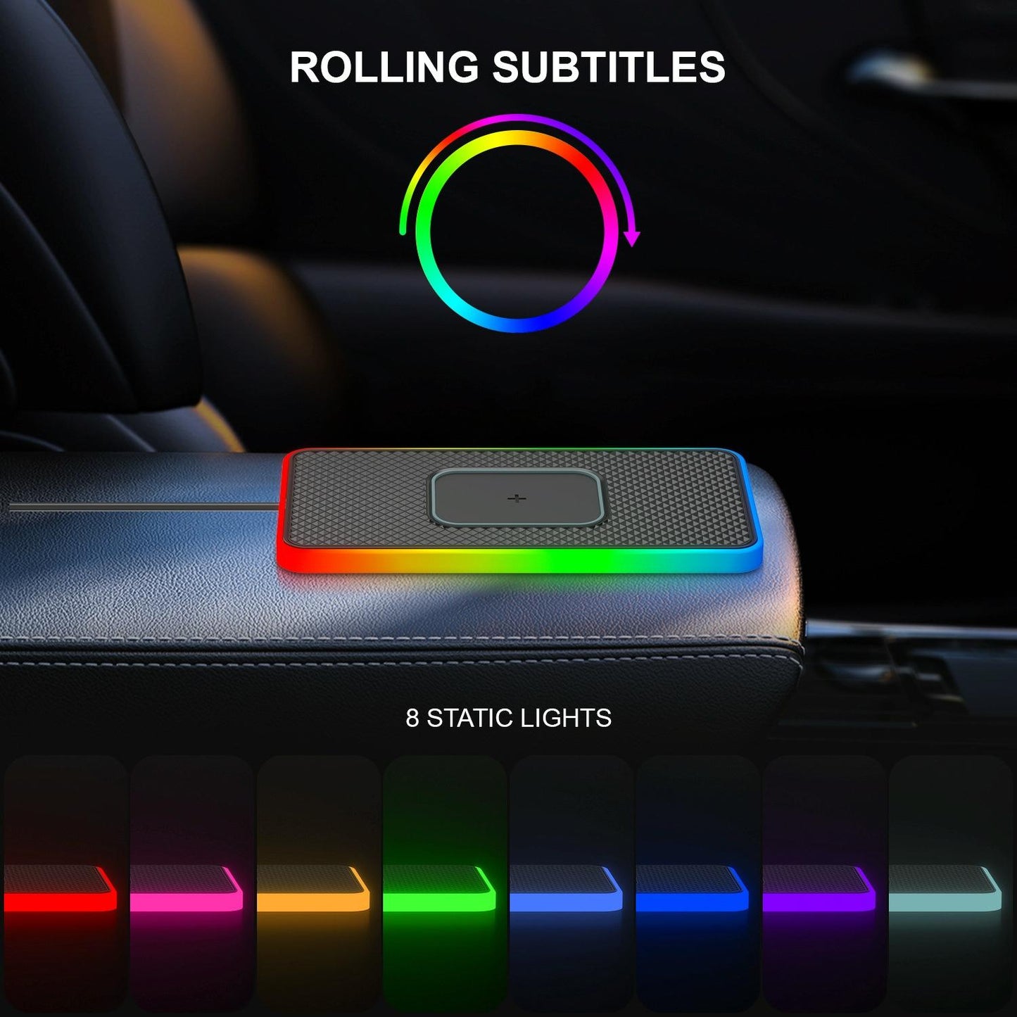 15w 2-in-1 Car Wireless Charger with Non-slip Mat and Colourful Light - 0.3m Usb Cable - Usb Cable 0.3M
