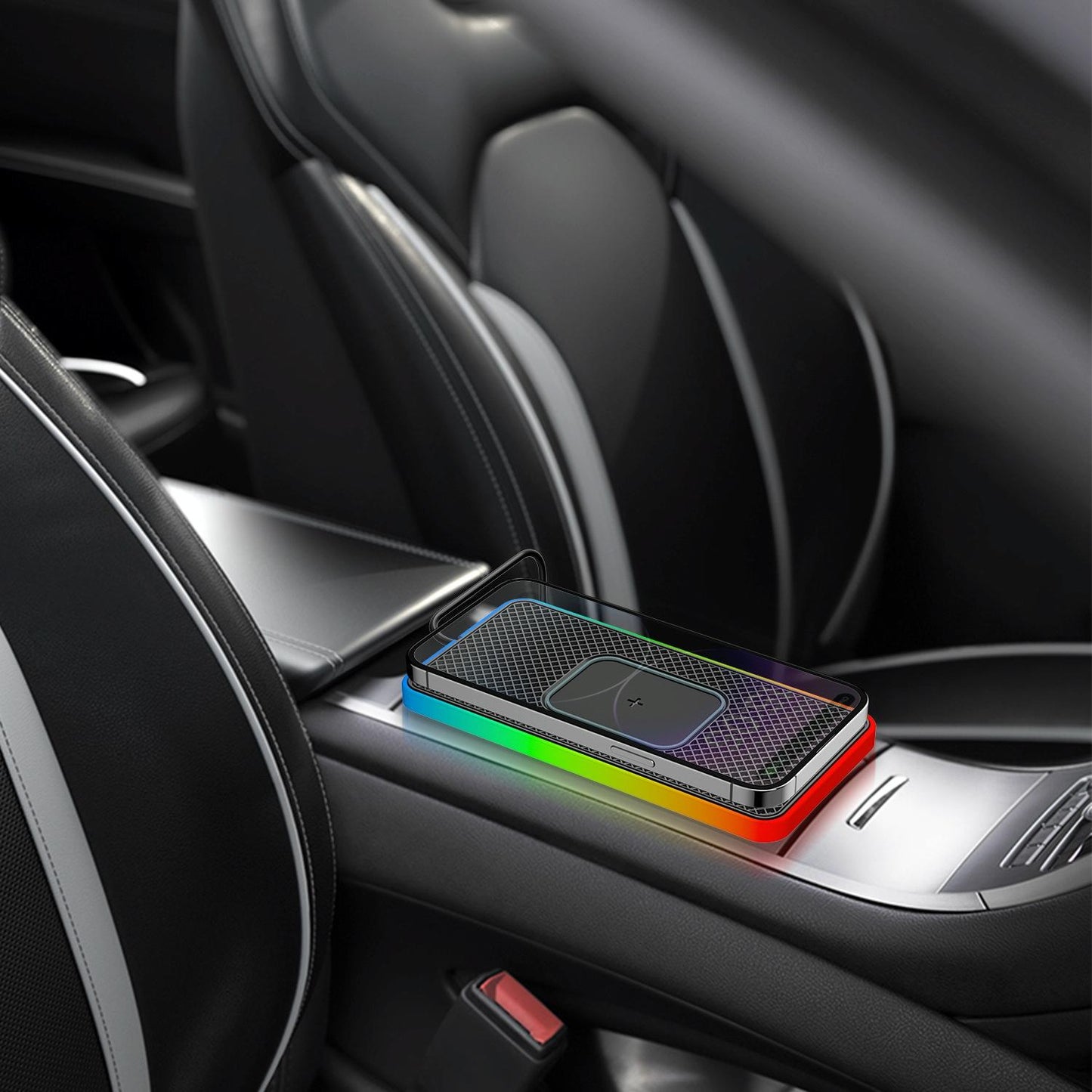 15w 2-in-1 Car Wireless Charger with Non-slip Mat and Colourful Light - 0.3m Usb Cable - Usb Cable 0.3M