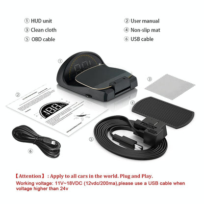 Car Hud Head Up Display With Obd2 & Gps Modes Fault Alarm