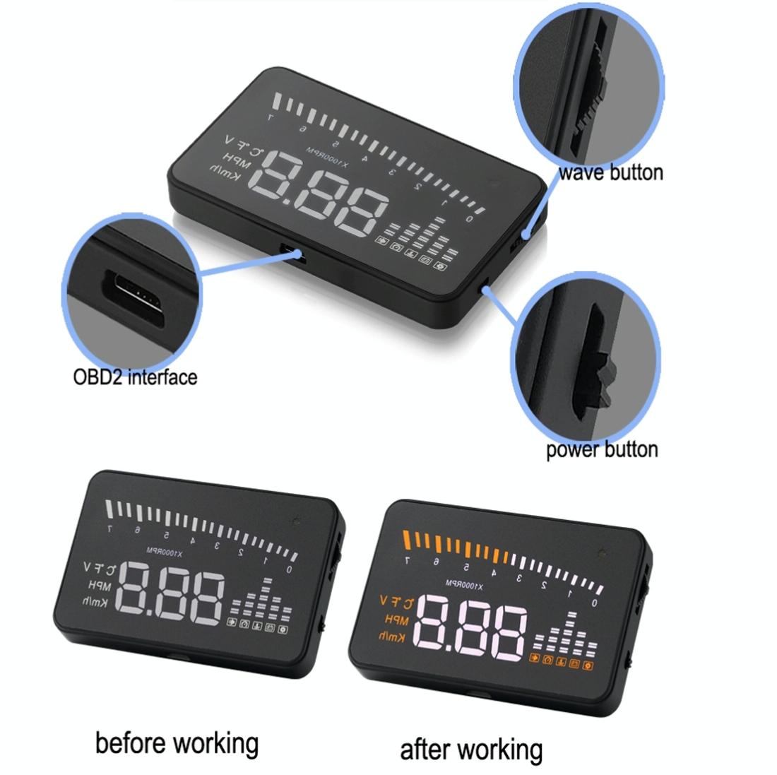 3 Inch Hud For Cars Obdii / Eobd System Light Sensors Rotation Speed Voltage Water Temp Alarm Black