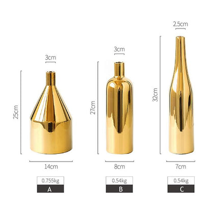 Gold Plated Ceramic Flower Vase - Desktop Decorative Three-piece Set