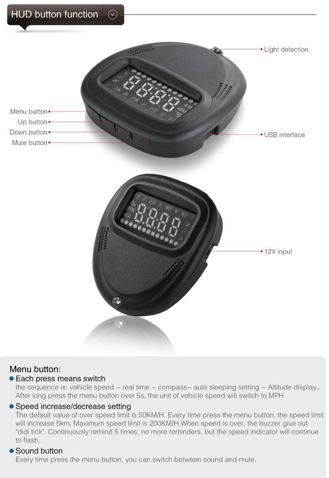 2.0 Inch Car Gps Hud Head Up Display Speed Altitude & Alarm Auto Sleep Satellite Signal