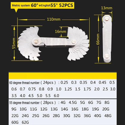 Stainless Steel Thread Gauge - 52 Pcs Metric & British 60 / 55 Degrees