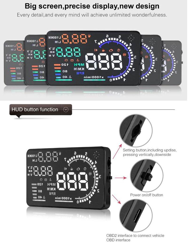 Car Obdii Hud Warning System 5.5 Inch Display Fuel Consumption Speed Alarm Water Temp Fault Diagnosis