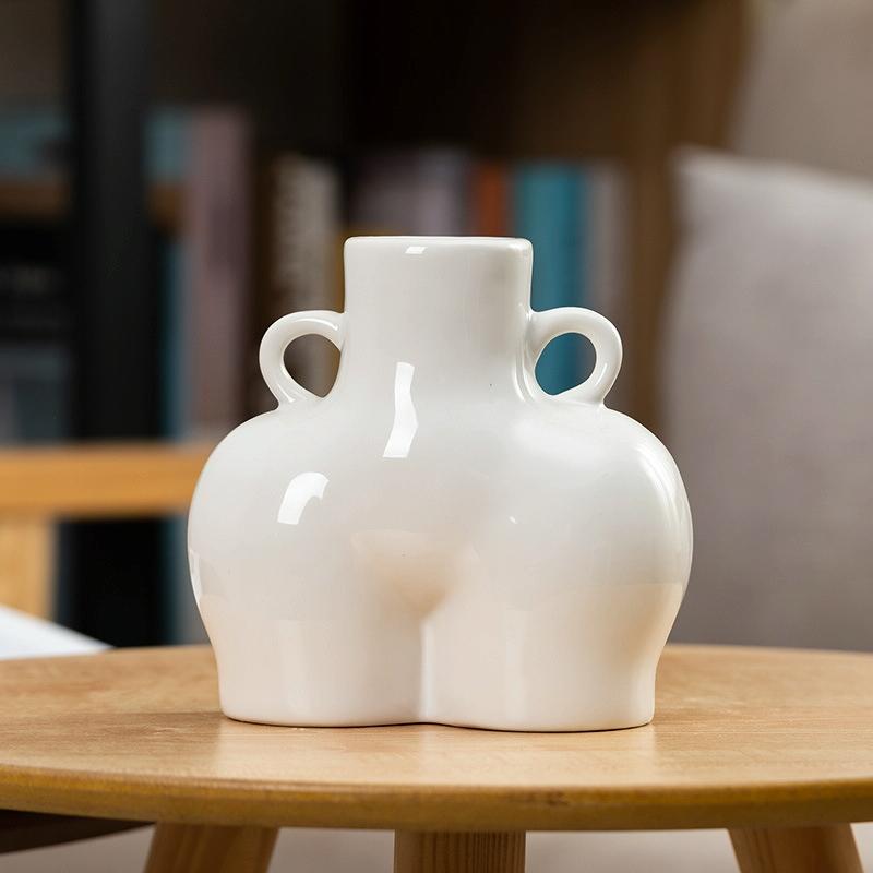 Small White Ceramic Vase for Home Decor with Dried Flower Design