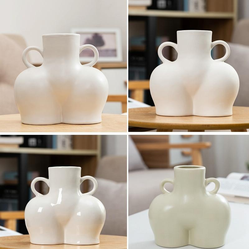 Small White Ceramic Vase for Home Decor with Dried Flower Design