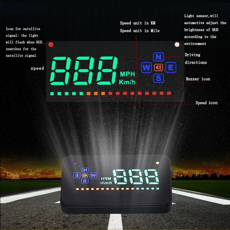 3.5 Inch Gps Car Hud Speed Alarm Compass Km / Miles Black