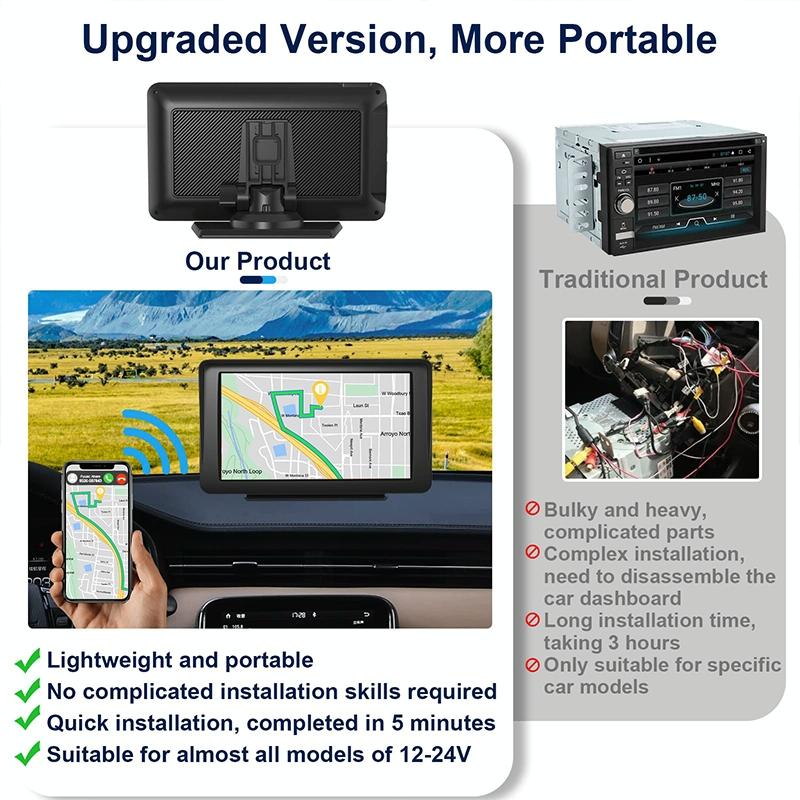 7 Touch Display Car Navigator with Wireless Carplay Bluetooth and Reversing Image - Portable and Smart