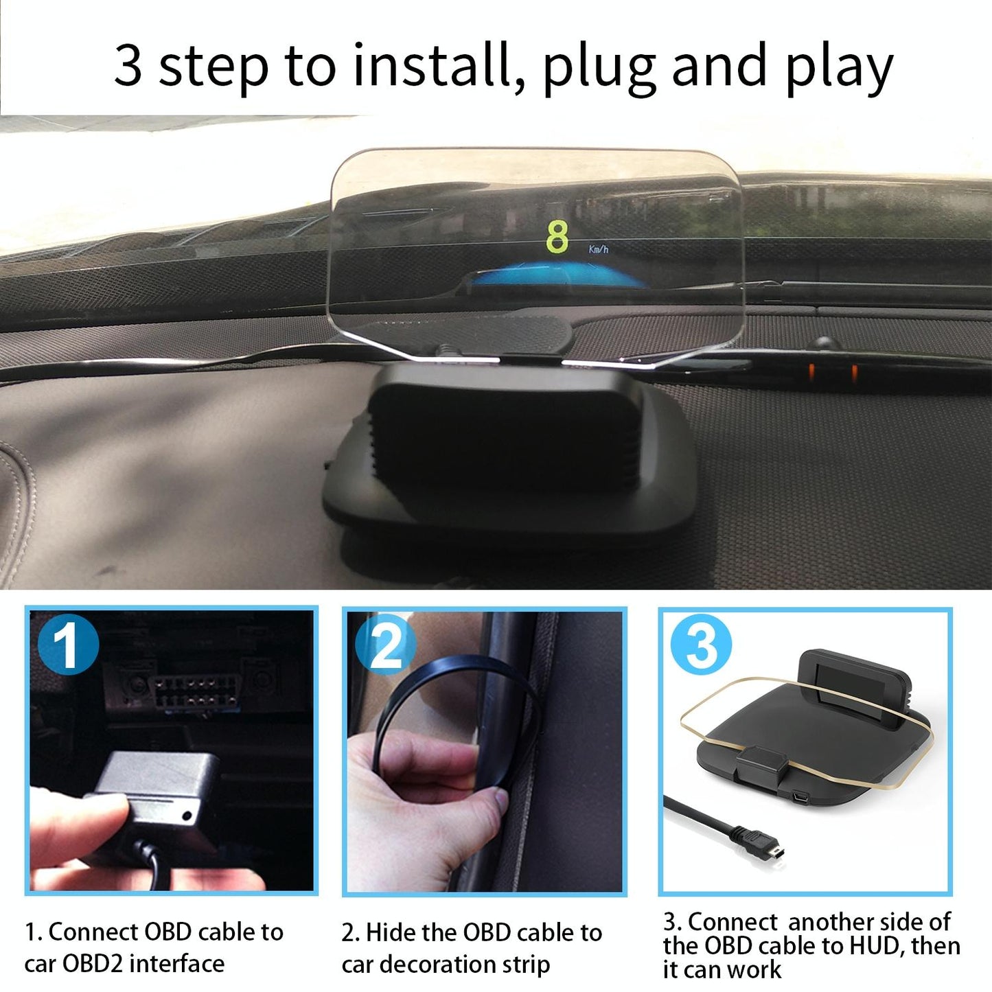 Car Hud Display Compass Speed Temp Voltage Alarm
