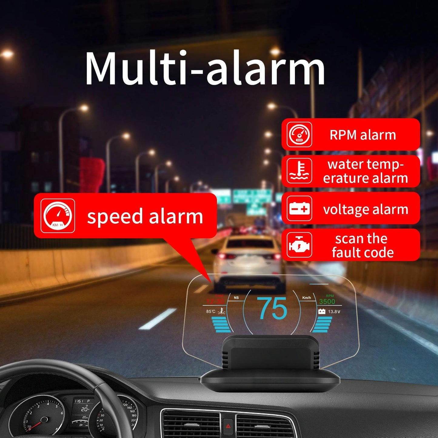 Car Hud Display Compass Speed Temp Voltage Alarm