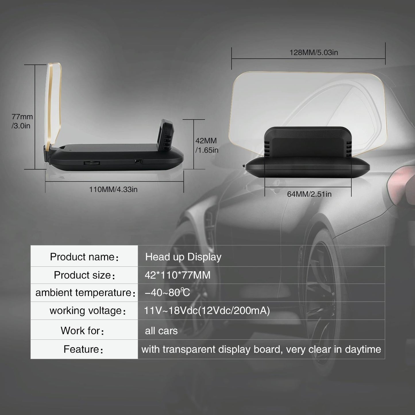 Car Hud Display Compass Speed Temp Voltage Alarm