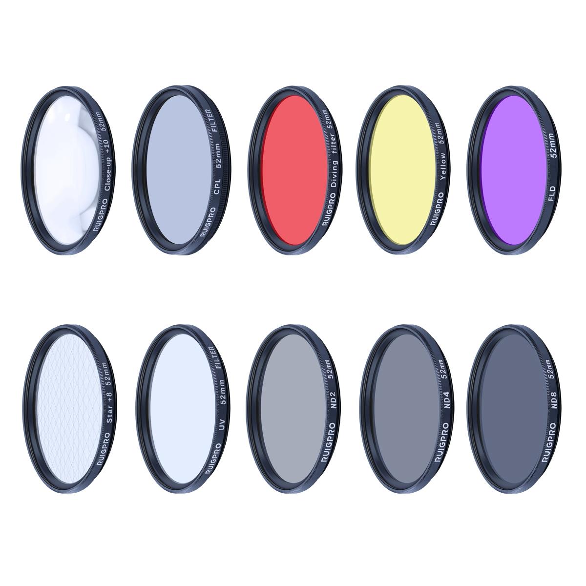 52mm 10-in-1 Professional Lens Filter Kit for Gopro Hero10 / 9 with Adapter Ring and Cap