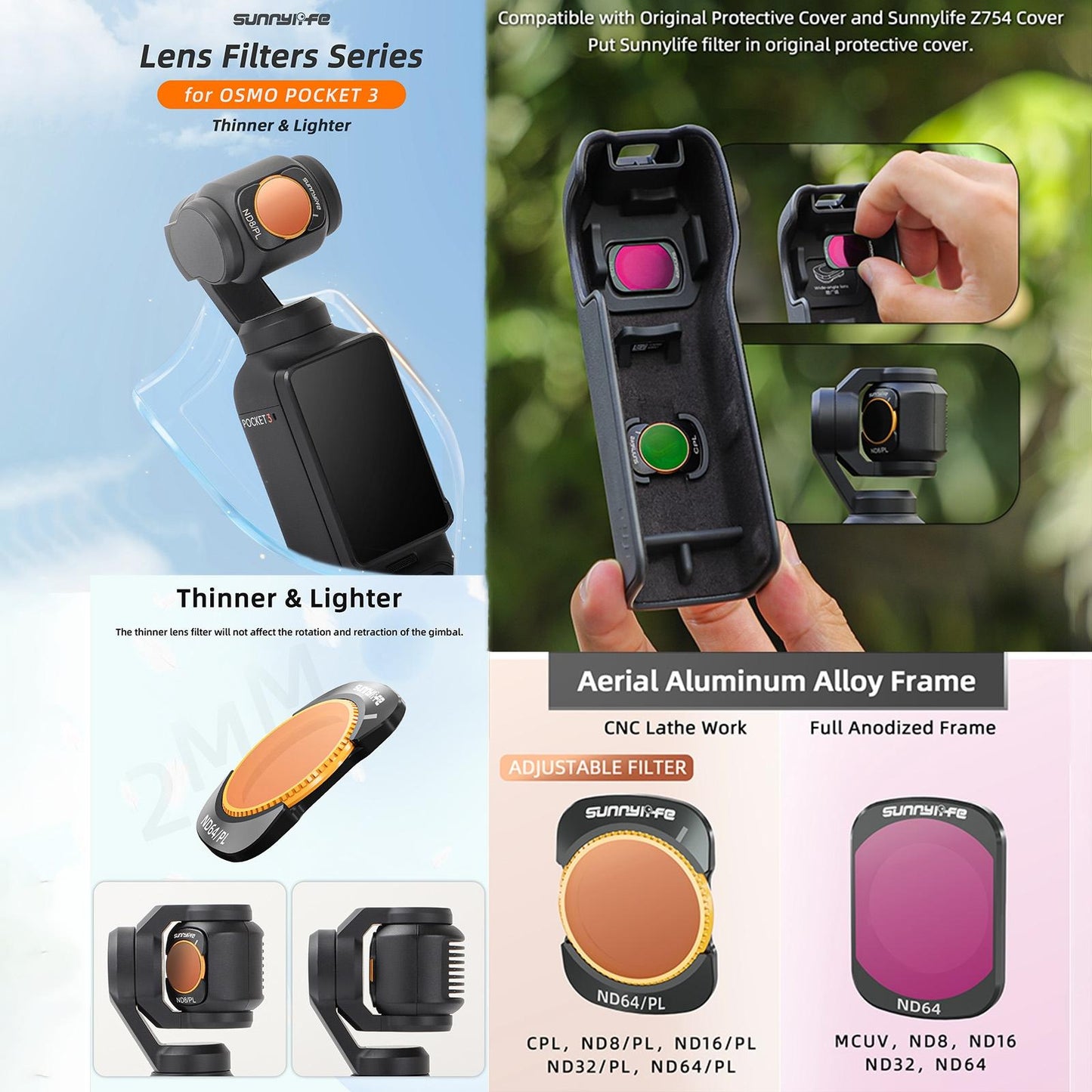 Sunnylife 3 In 1 Nd16 Camera Lens Filter For Dji Osmo Pocket No Gimbal Reset - Nd32Pl