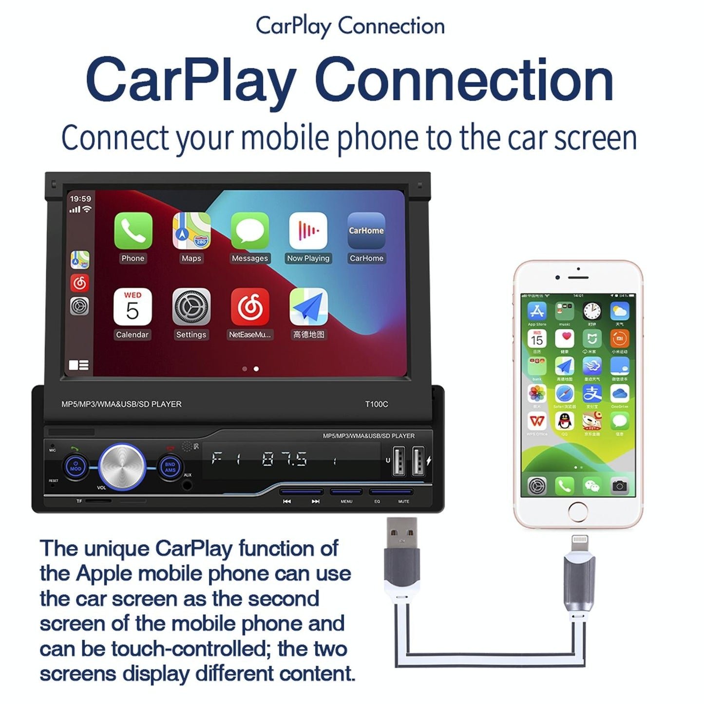 7 Inch Manually Retractable Car Mp5 Player With Mirror Link Fm Tf Card Usb Bluetooth Hands-Free Calling Reversing Trajectory & Cayplay