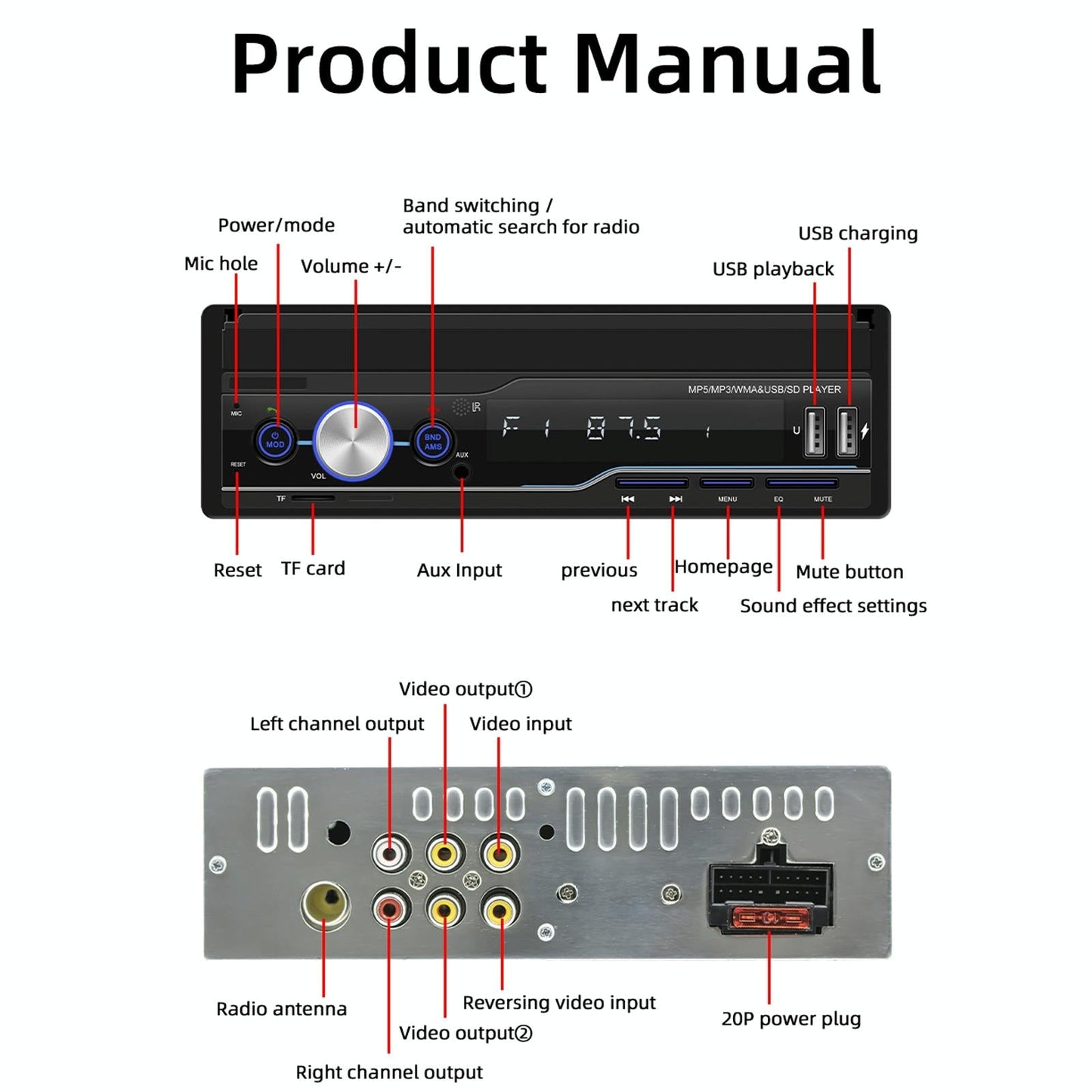 7 Inch Manually Retractable Car Mp5 Player With Mirror Link Fm Tf Card Usb Bluetooth Hands-Free Calling Reversing Trajectory & Cayplay