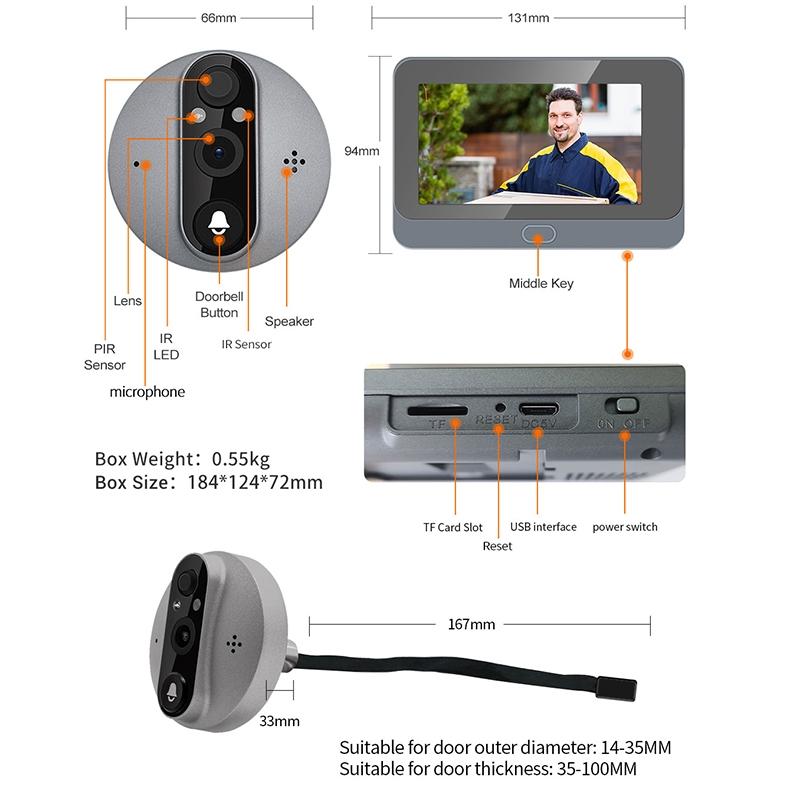 Smart Wifi Door Viewer With Wide-Angle Pir & Night Vision - 1080P 4.3 Inch Dingdong Photo - White