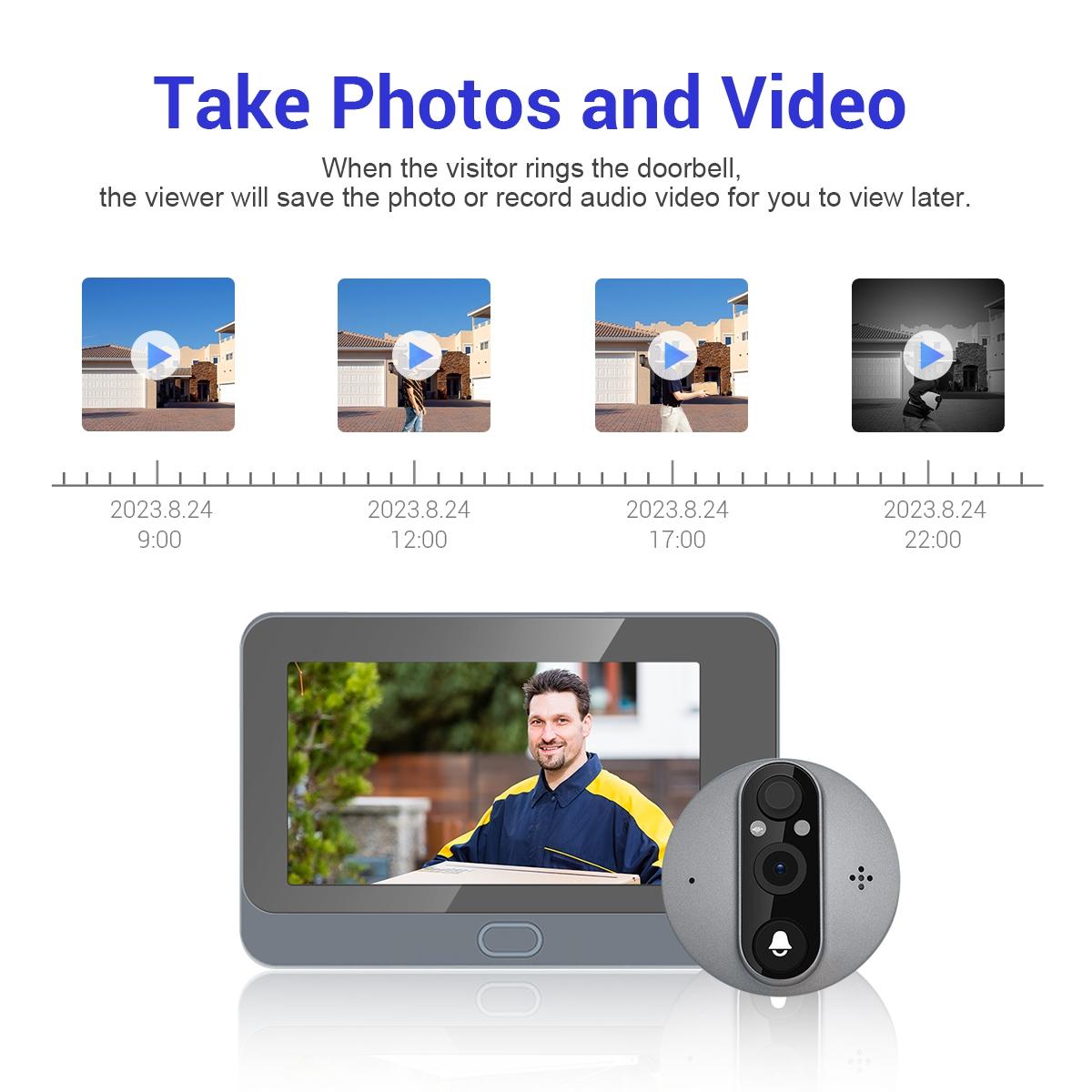 Smart Wifi Door Viewer With Wide-Angle Pir & Night Vision - 1080P 4.3 Inch Dingdong Photo - White