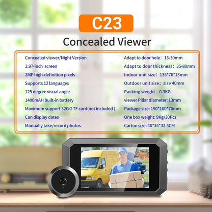 1080P Smart Digital Door Viewer With Night Vision - 3.97 Inch Wide Angle - Black
