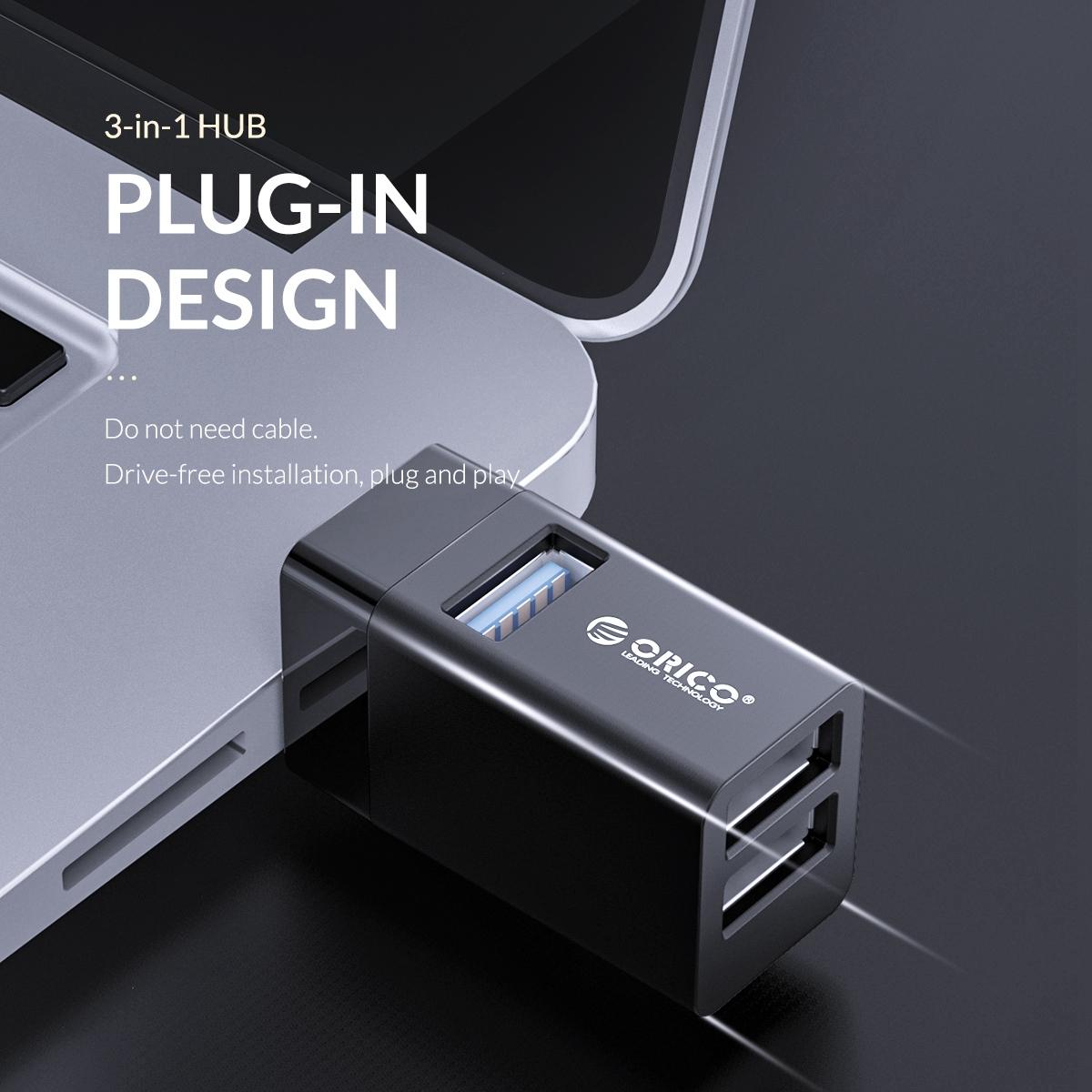3-In-1 Usb Aluminum Mini Hub Adapter - Black