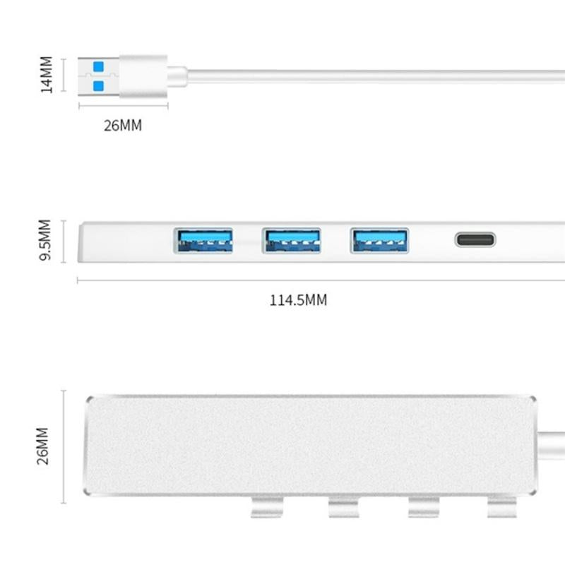 Usb 3.0 Type-C + 4-Port Hub For Laptop Expansion - Grey