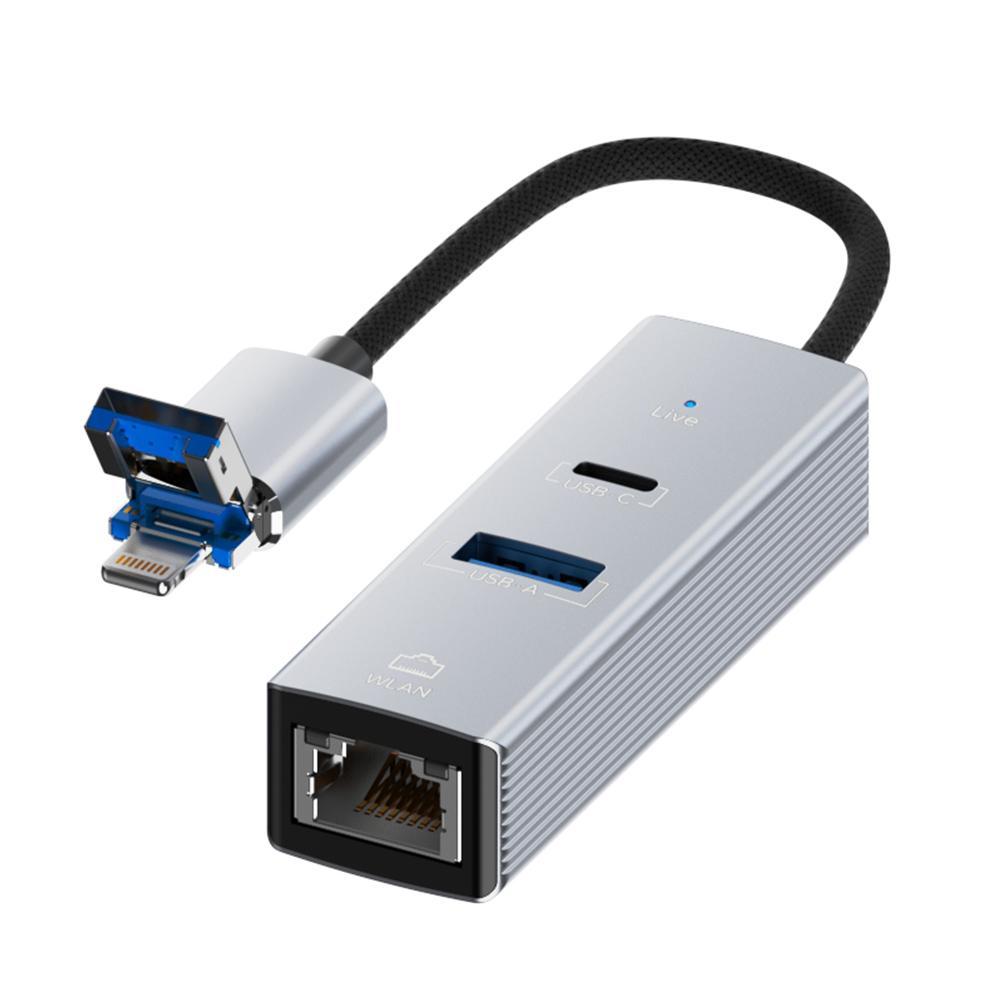 8 Pin To Type-C Rj45 Usb-A Hub Converter - Black