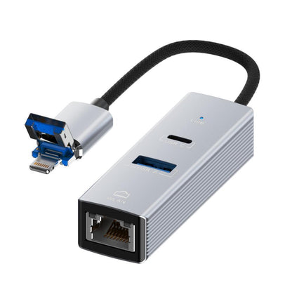 8 Pin To Type-C Rj45 Usb-A Hub Converter - Black