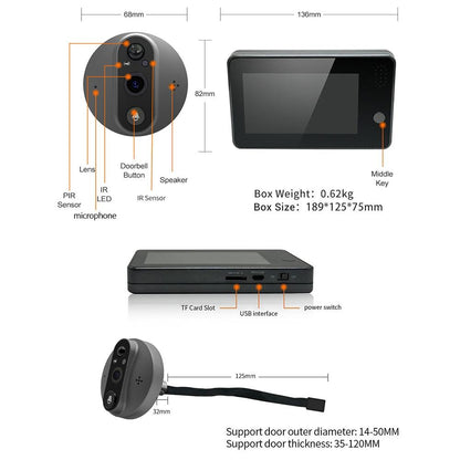 Smart Wifi Door Viewer With Wide-Angle Pir & Night Vision - 1080P 4.3 Inch Dingdong Photo White