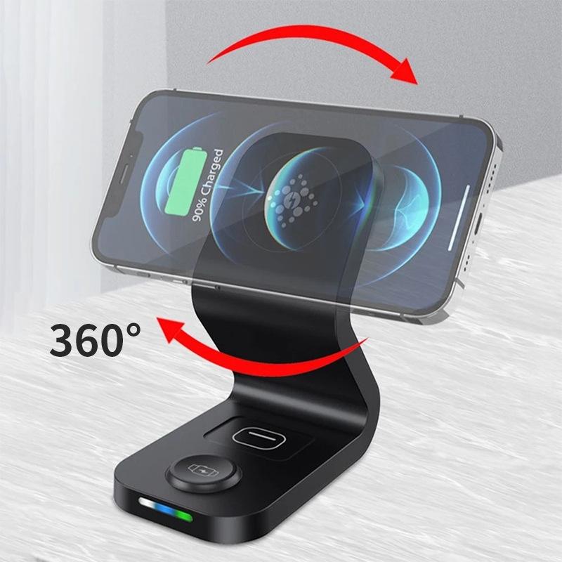 3 In 1 Magnetic Wireless Charger For Mobile Devices Black
